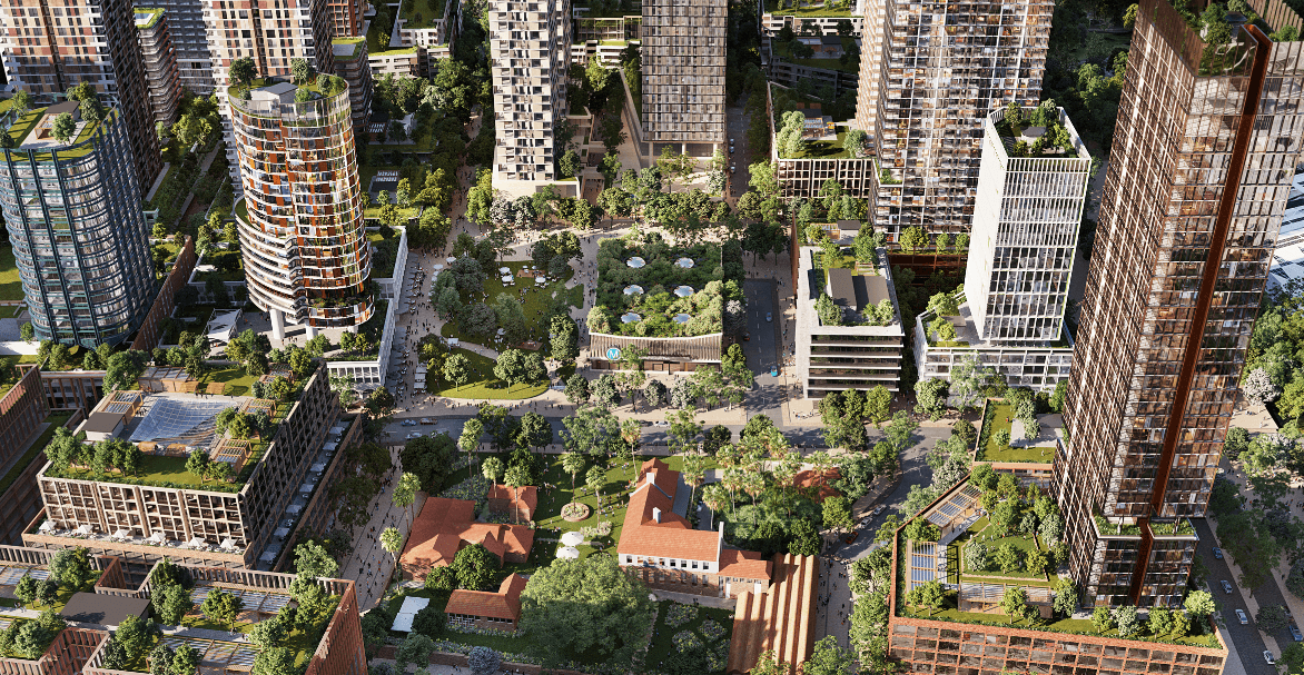 A rendered aerial view of the Sydney Olympic Park Master Plan 2050 highlighting a central green plaza surrounded by high-rise residential buildings with integrated greenery.